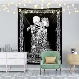 Large Skull Skeleton Wall Tapestry Kissing Lovers Dark Romance 60" X 52"